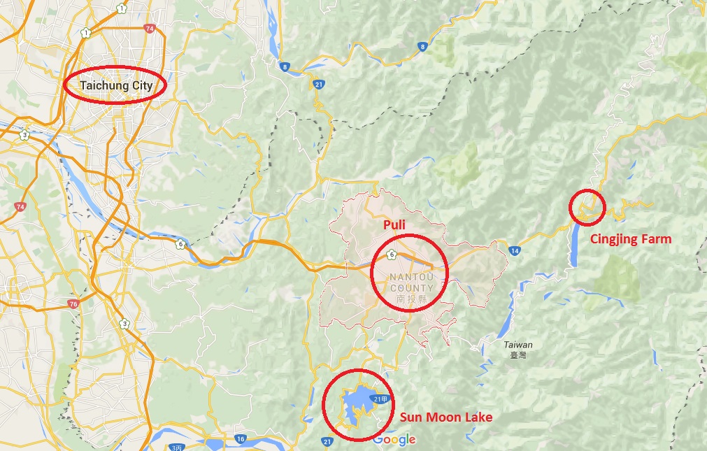 Location of Taichung, Puli, Cingjing and Sun Moon Lake (Taiwan)