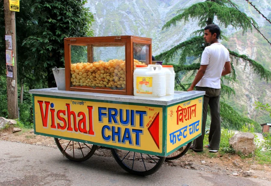 Fruit chaat snack food truck in Dharamkot, McLeod Ganj, Dharamsala, India