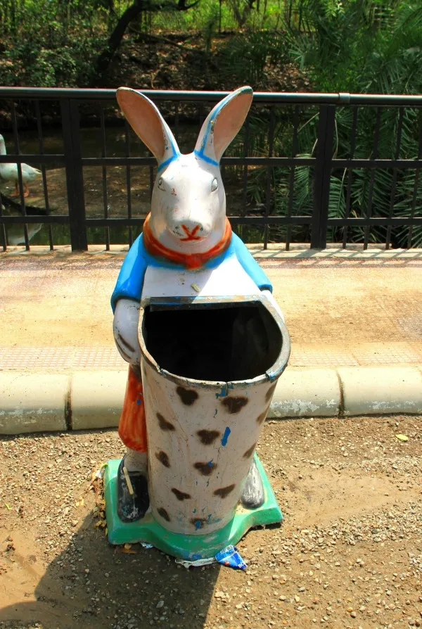 Cute rabbit rubbish bin at National Zoological Park at New Delhi, India