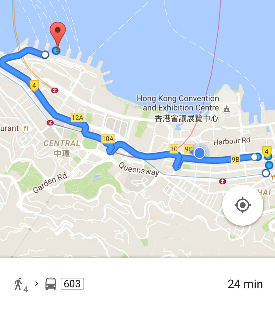 Google Maps suggestion on how to go from Wan Chai to Central Ferry Pier