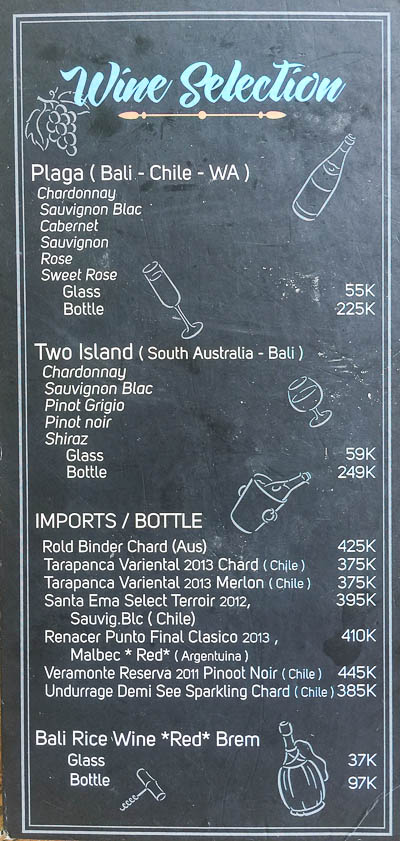 Nook Wine Menu, Umalas, Seminyak, Bali