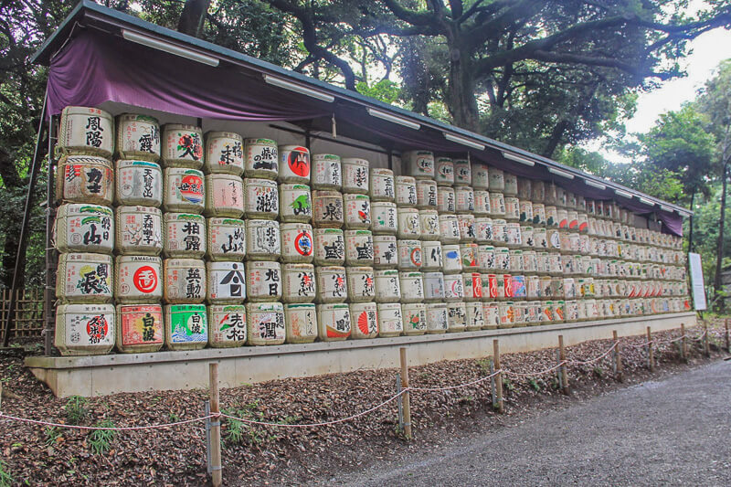 Barrels of sake along the road leading to north entrance at Meiji Shrine