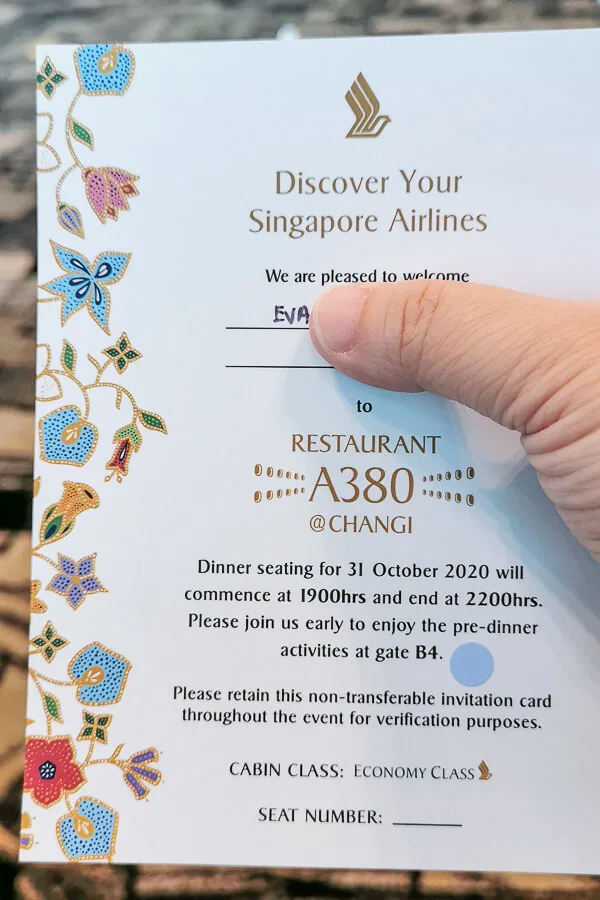 Invitation Card of Restaurant A380 Changi - Economy Class