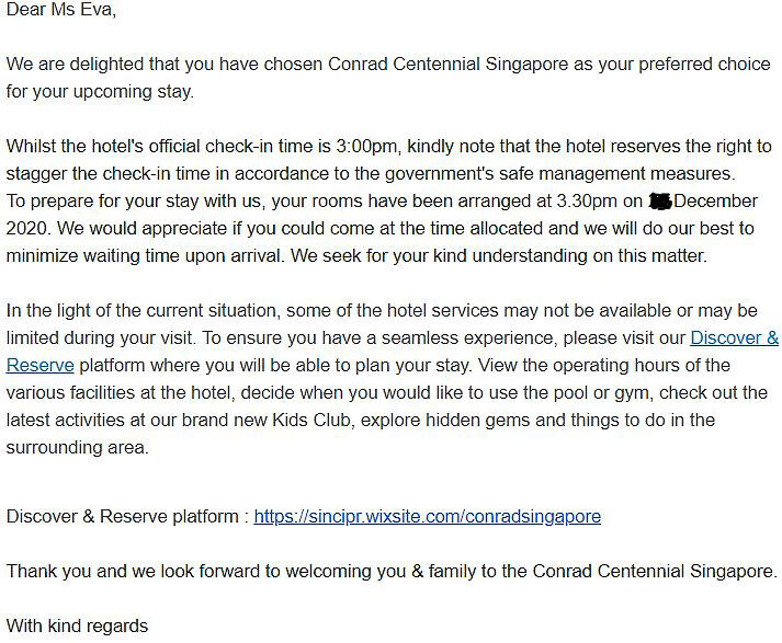 Conrad Centennial Singapore Review - Email regarding check-in