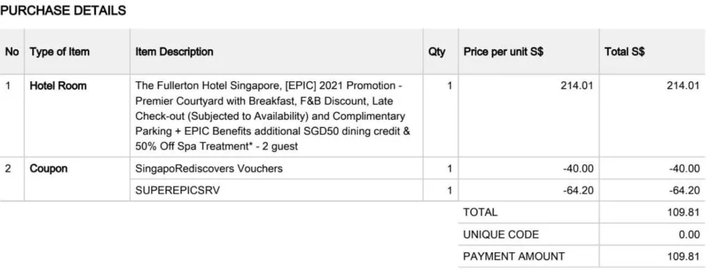 Fullerton Hotel Singapore Staycation Review - Booking Receipt