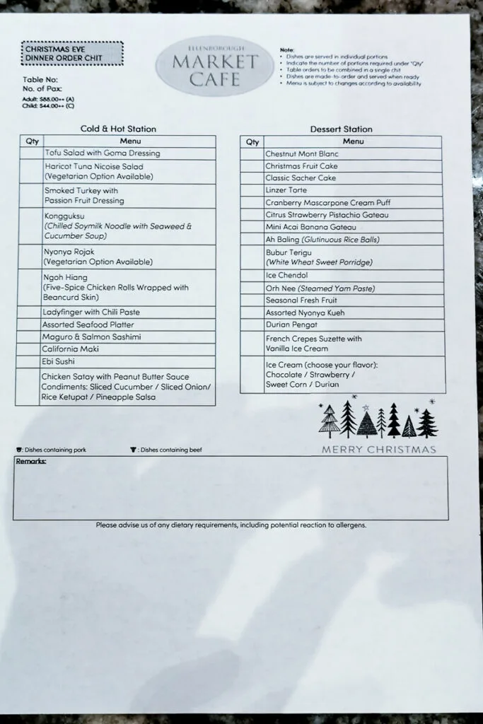 Review Festive Dinner Buffet at Ellenborough Market Café, Swissotel Merchant Court - Order sheet