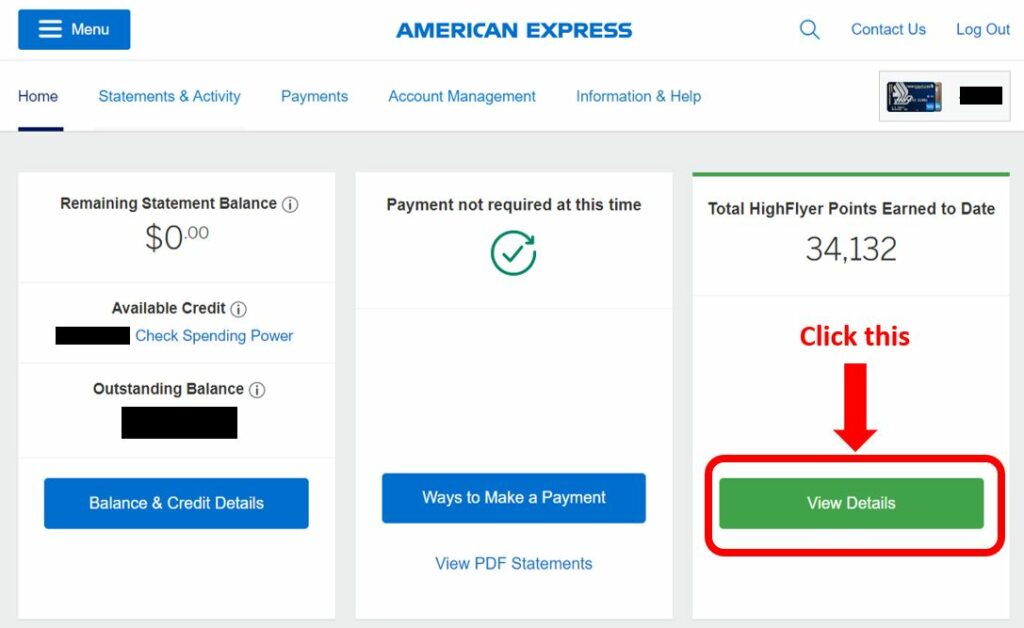 AMEX HighFlyer Card Review - Check Points Earned via Desktop
