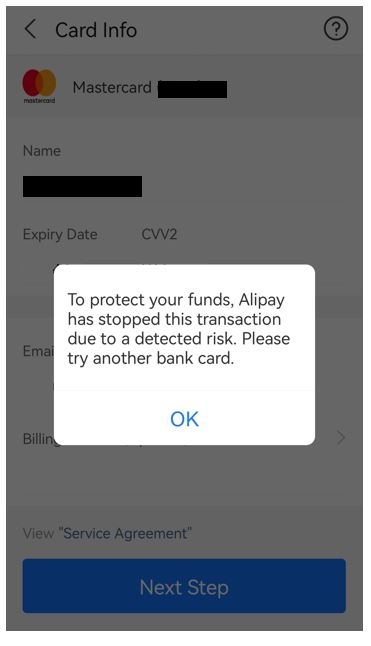Alipay account blocked due to card issue